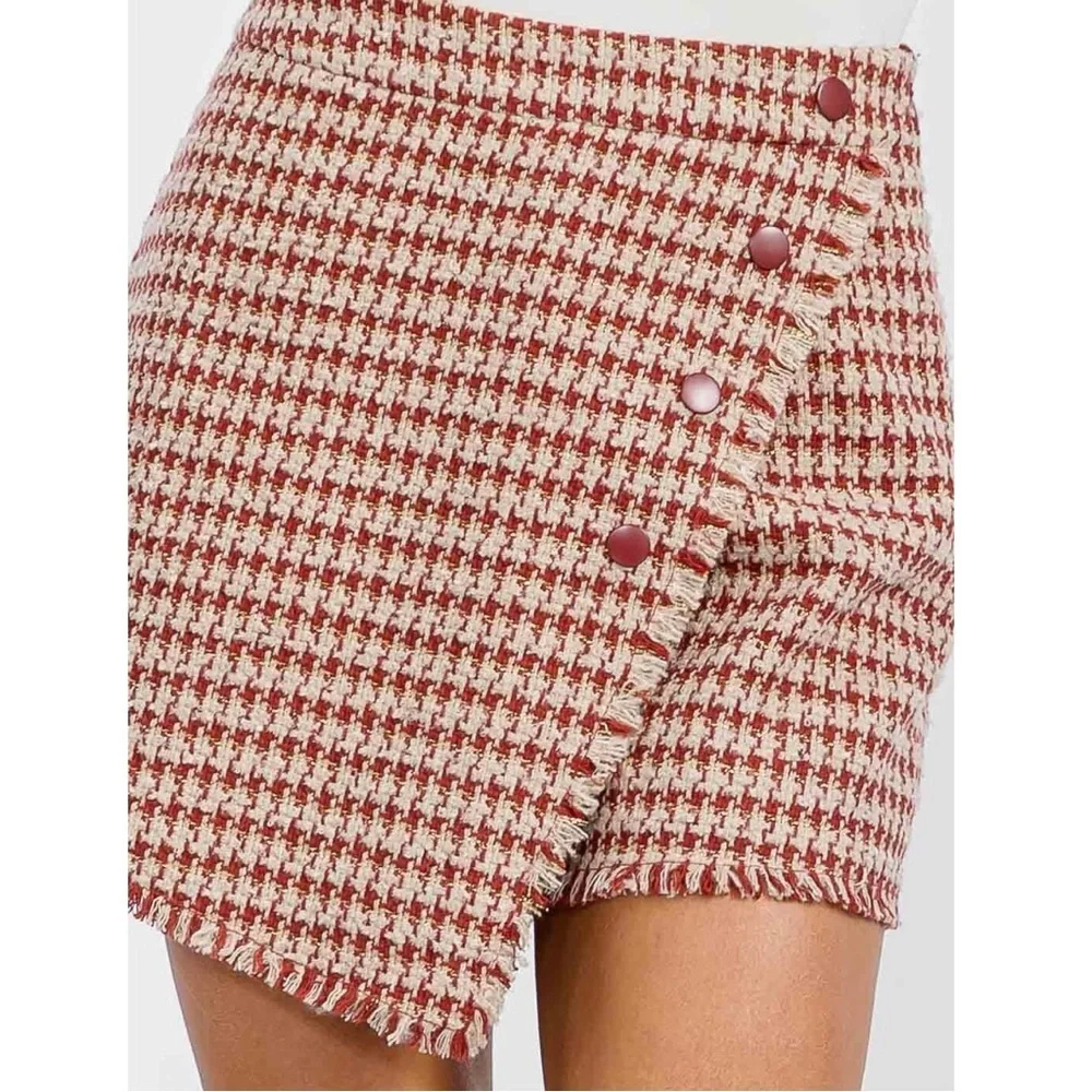Women Modern Surplice Tweed Textured Mini Skort Houndstooth Skirt Red